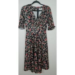 Unique Vintage Dress Size Medium 6-8 Black Red Floral Midi Secretary